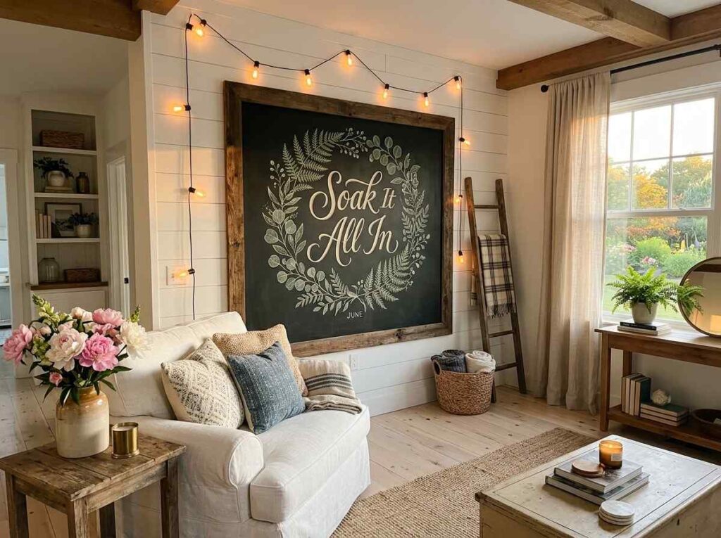 June Chalkboard Ideas That Will Make Your Home Shine All Month Long 8 June chalkboard with botanical wreath and Soak It All In quote styled in a modern farmhouse living room
