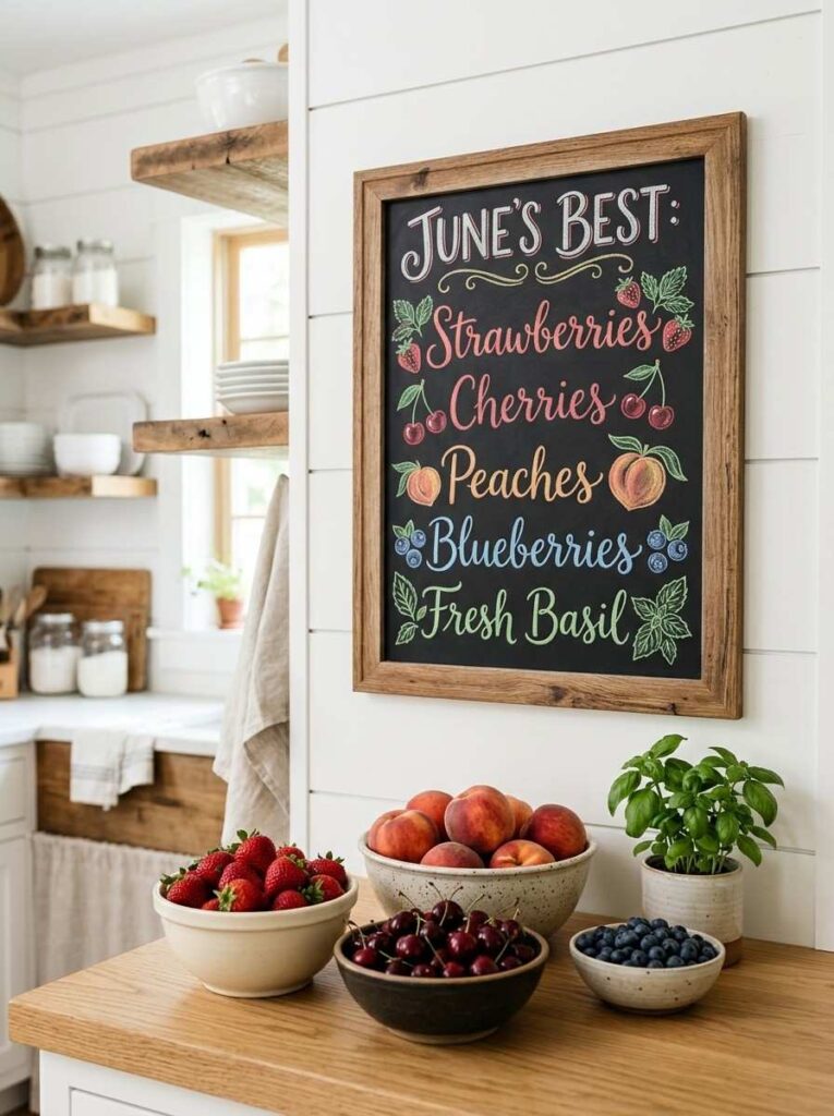 June Chalkboard Ideas That Will Make Your Home Shine All Month Long 3 kitchen chalkboard displaying June seasonal produce list with hand-drawn strawberry and peach illustrations