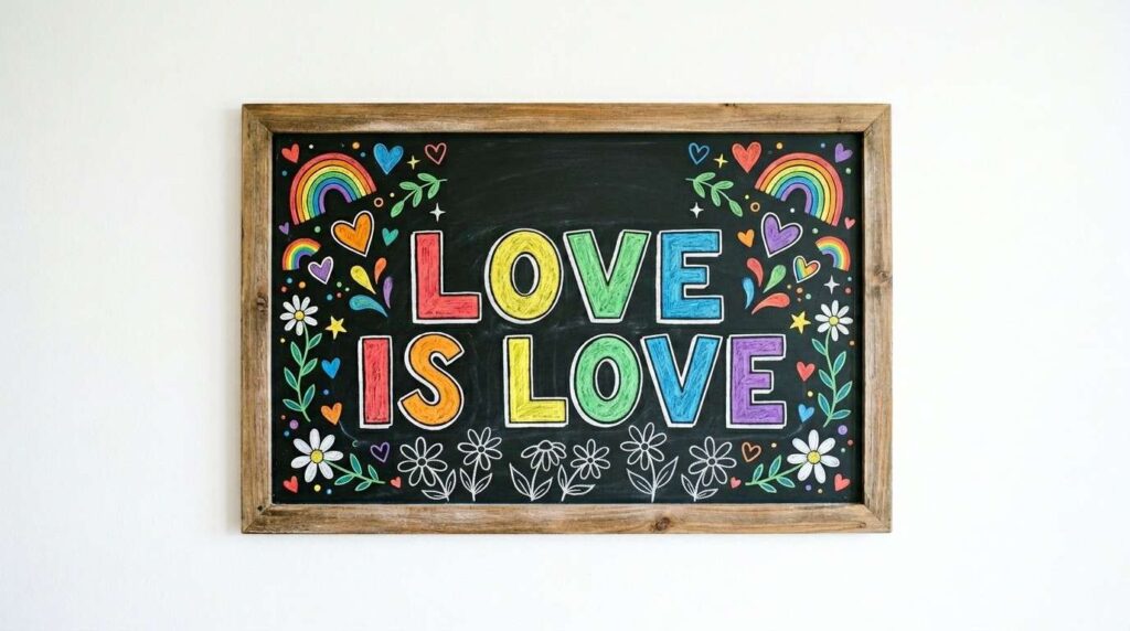 June Chalkboard Ideas That Will Make Your Home Shine All Month Long 6 June Pride Month chalkboard with rainbow-colored LOVE IS LOVE lettering and chalk marker decorations