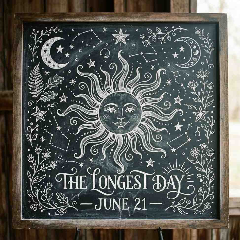 June Chalkboard Ideas That Will Make Your Home Shine All Month Long 5 summer solstice june chalkboard art featuring large stylized sun with moons stars and botanical sprigs