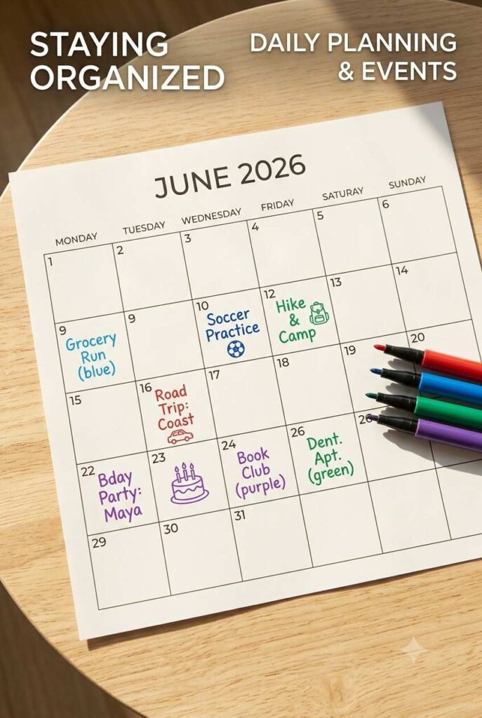 une family planning calendar with color-coded entries in four marker colors for different family members on a light wood table