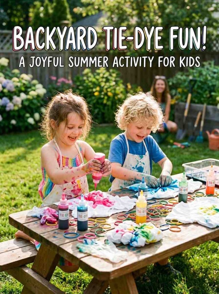 Children doing tie-dye summer DIY ideas on a sunny backyard picnic table with colorful dye bottles