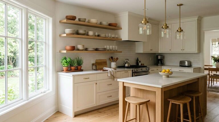 Kitchen decor ideas for a warm modern home with wood shelves, soft lighting, and styled counters
