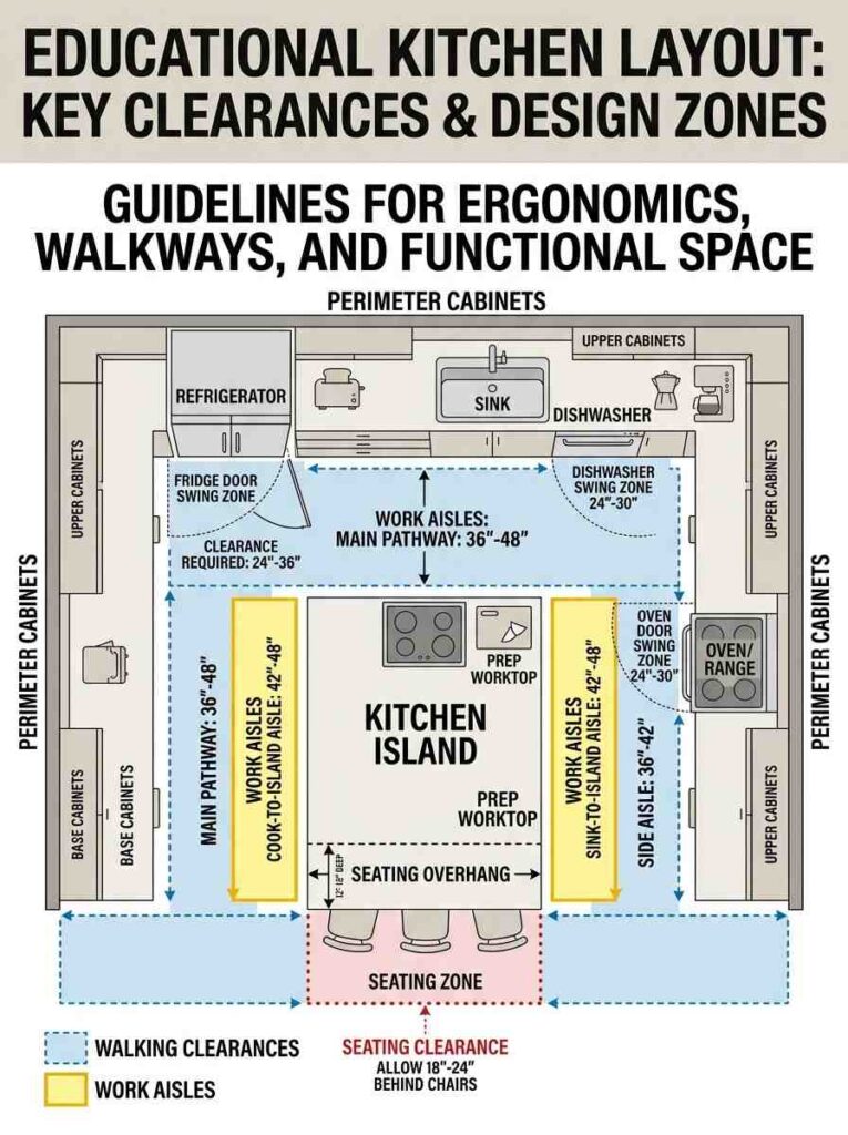 Island Design: A Complete Guide to Building a Beautiful, Functional Kitchen Centerpiece 2 Kitchen island design dimensions showing clearance, seating overhang, and work aisle space