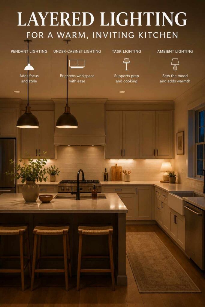 Kitchen Decor Ideas That Make Your Space Warmer, Smarter, and Easier to Love 6 Kitchen lighting with pendant lights, under-cabinet lighting, and a warm counter lamp