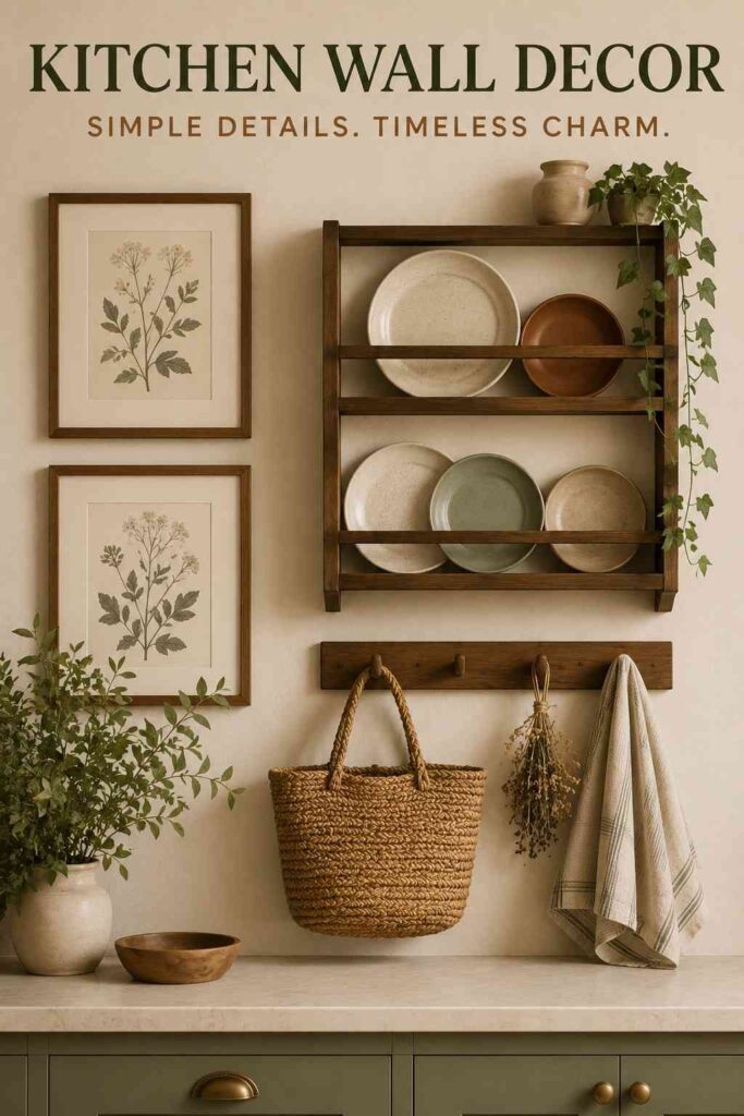 Kitchen Decor Ideas That Make Your Space Warmer, Smarter, and Easier to Love 4 Kitchen wall decor with framed art, plate rack, peg rail, and woven basket
