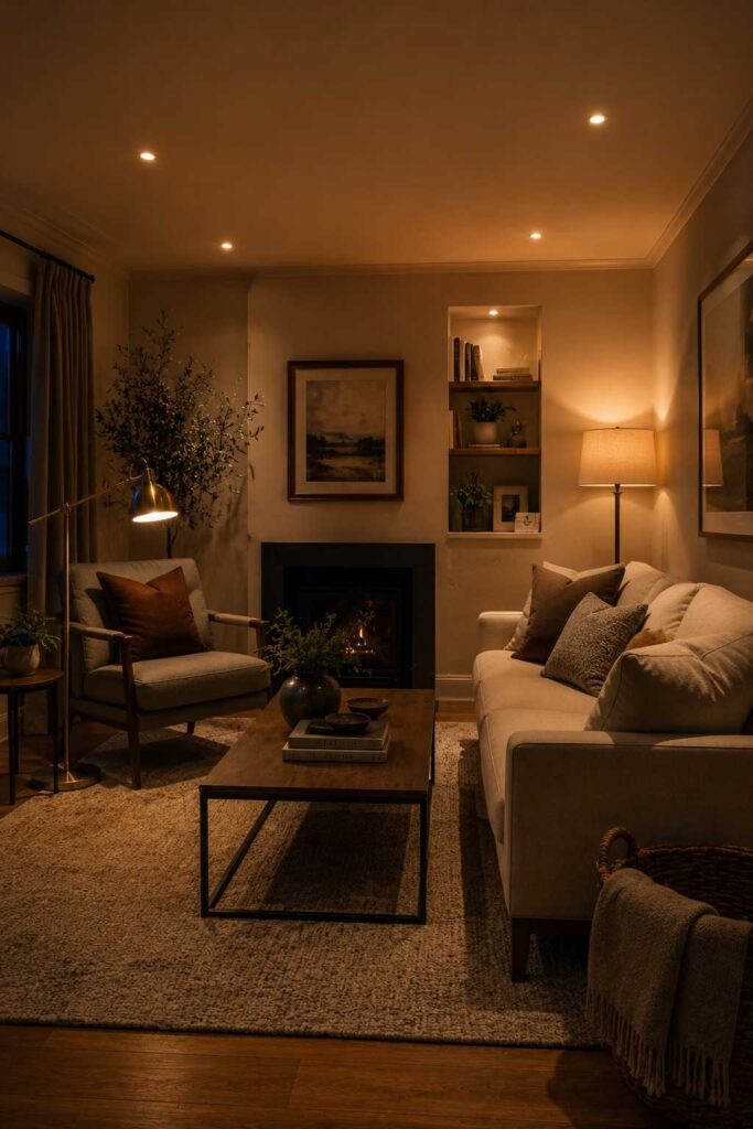10+ Home Living Room Ideas: How to Design a Space You'll Actually Love Living In 5 "Living room with layered ambient, task, and accent lighting at night"