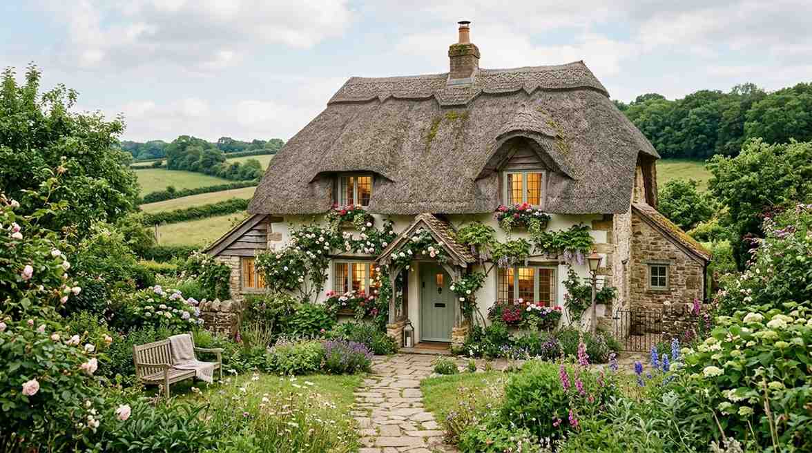 Little cottage with cozy exterior, garden path, warm windows, and charming countryside design