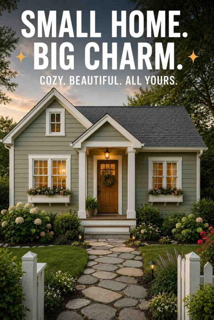 Little cottage exterior design with sage siding, white trim, flower boxes, and stone walkway
