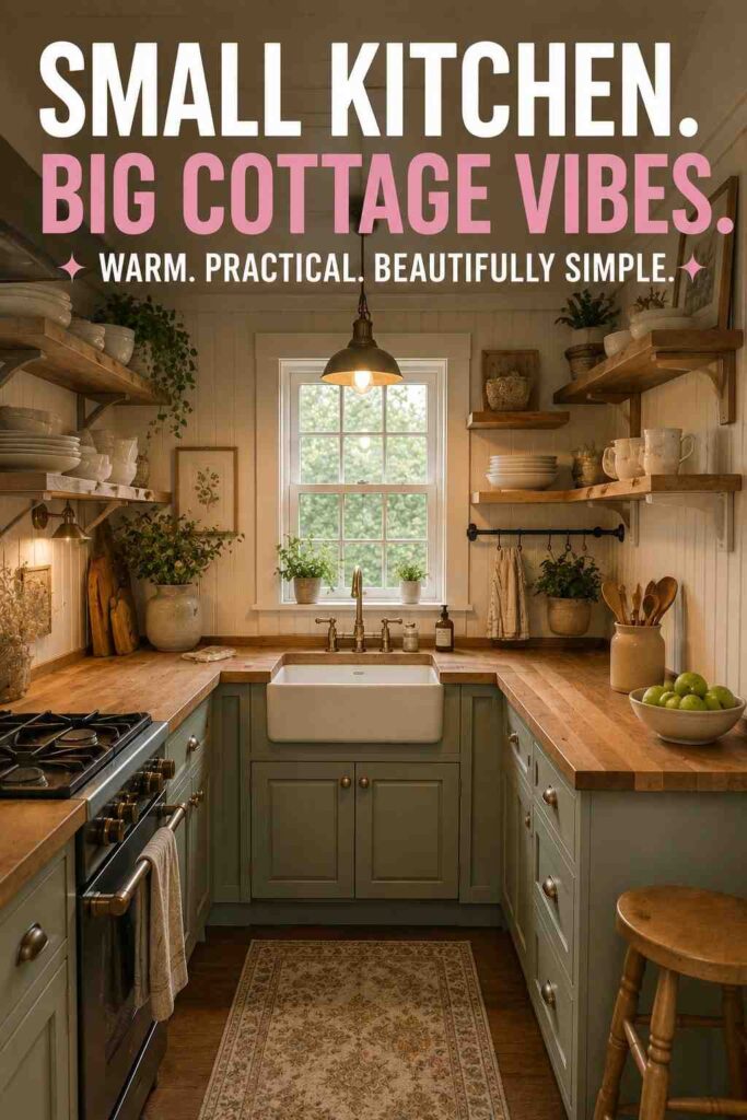 Small little cottage kitchen with open shelves, painted cabinets, and warm cottage details