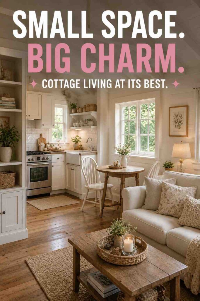 Open-plan little cottage layout with compact kitchen, dining area, and cozy living room