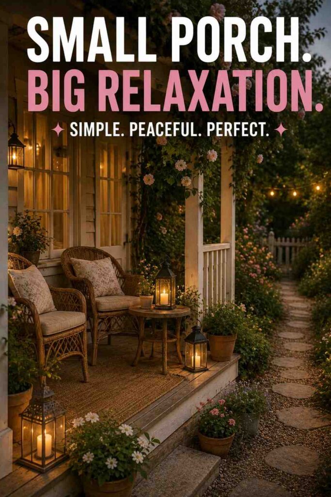 Little cottage porch with garden seating, potted plants, lanterns, and outdoor charm