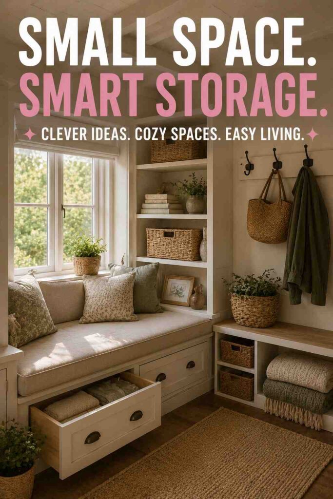 Little cottage storage ideas with built-in bench, baskets, hooks, and organized shelves