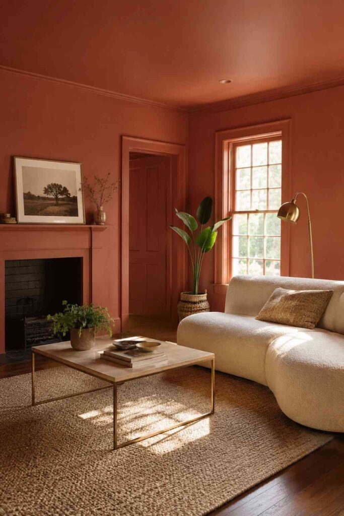 10+ Home Living Room Ideas: How to Design a Space You'll Actually Love Living In 2 "Terracotta color-drenched living room walls and ceiling, 2026 design trend"