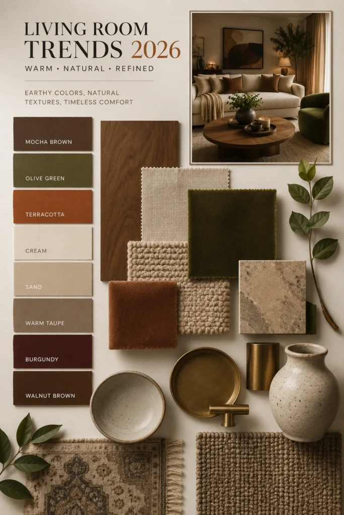 Earthy living room color trends 2026 with mocha, olive, terracotta, cream, and warm brown tones
