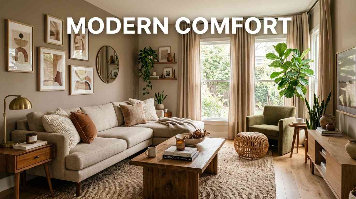 Cozy modern living room with warm neutral decor, layered textures, sofa, rug, plants, and wall art.