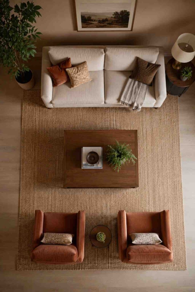 10+ Home Living Room Ideas: How to Design a Space You'll Actually Love Living In 3 "Living room layout showing sofa, armchairs, and coffee table spacing"