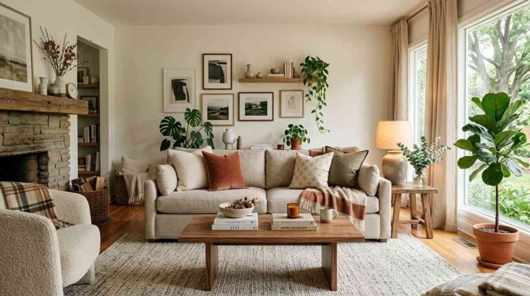 Cozy living room idea with neutral sofa, warm lighting, textured rug, wood table, and natural decor.