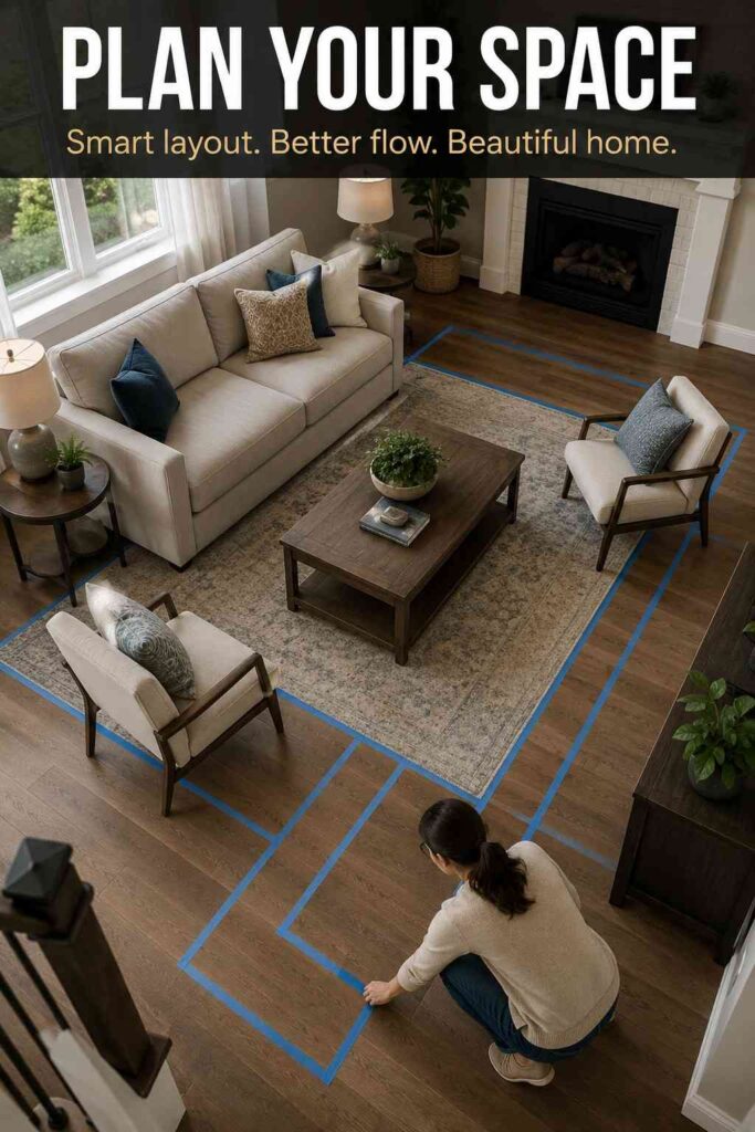Living Room Ideas: A Complete Guide to Designing a Warm, Stylish, and Practical Space 2 Living room layout planning with sofa, chairs, rug, coffee table, and clear walking paths.