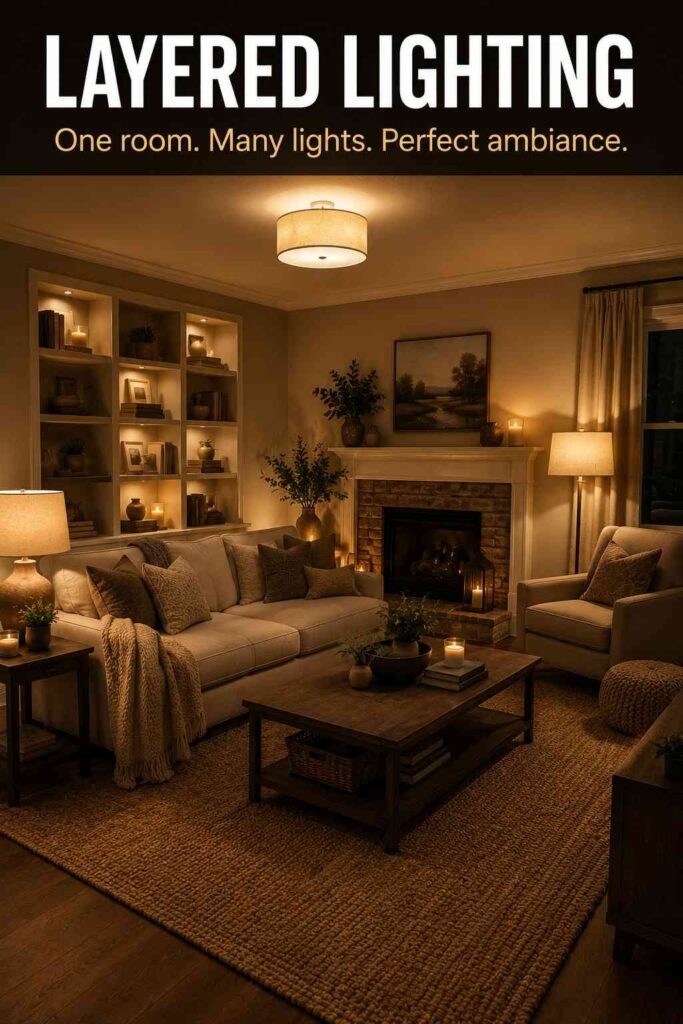Living Room Ideas: A Complete Guide to Designing a Warm, Stylish, and Practical Space 4 Layered living room lighting design ideas with ceiling light, table lamps, floor lamp, and shelf lighting.