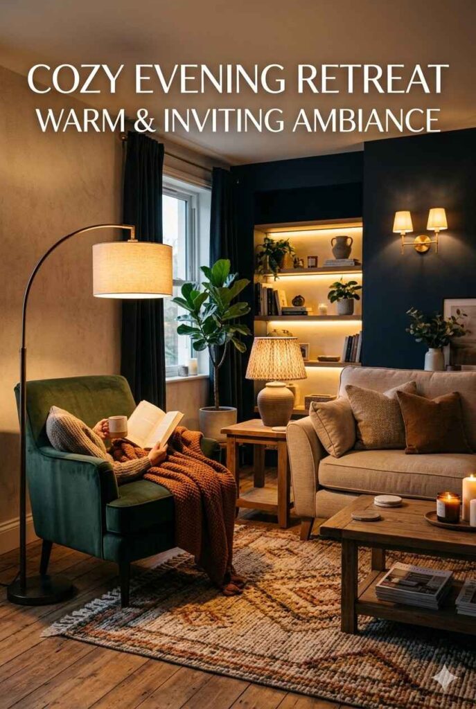Layered living room lighting with floor lamp, table lamp, wall sconces, shelf lighting, and warm evening glow.