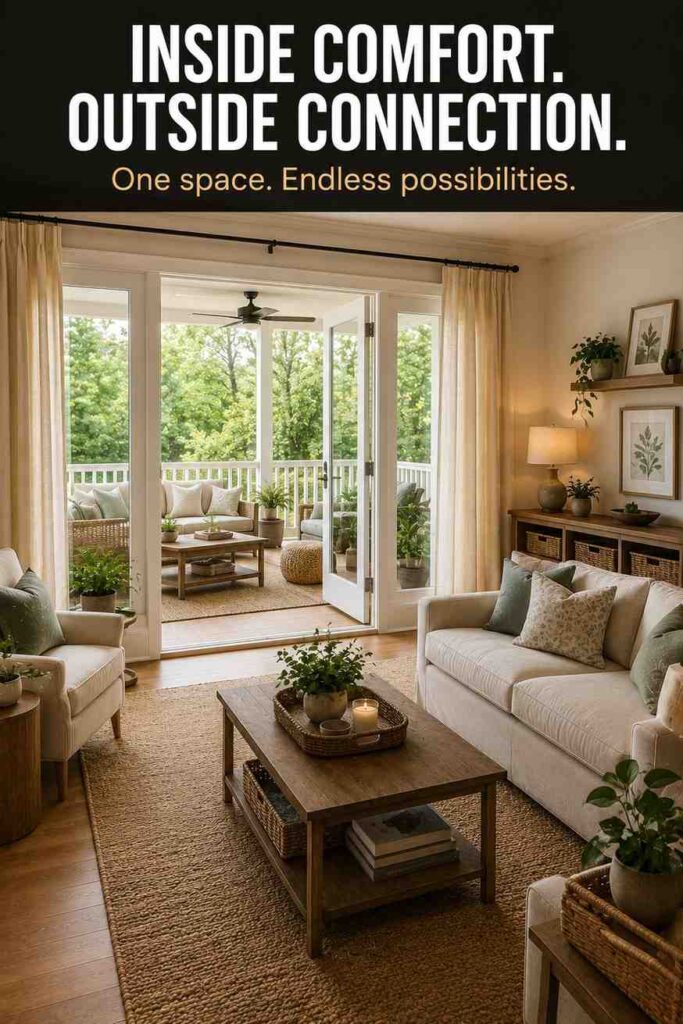 Living Room Ideas: A Complete Guide to Designing a Warm, Stylish, and Practical Space 7 Living room connected to porch with natural textures, plants, wood furniture, and soft indoor-outdoor decor.