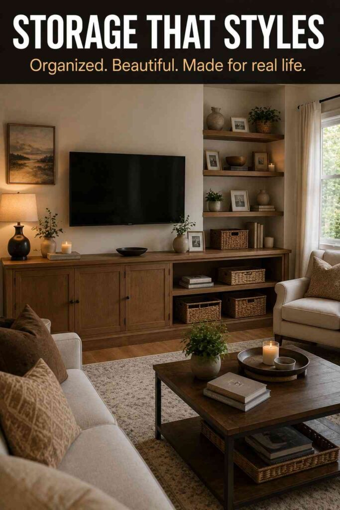 Living Room Ideas: A Complete Guide to Designing a Warm, Stylish, and Practical Space 5 Living room storage with closed cabinets, open shelves, books, baskets, ceramics, and warm decor.