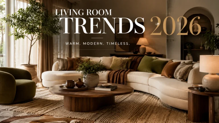 Living room trends 2026 with warm colors, curved sofa, natural textures, and layered lighting