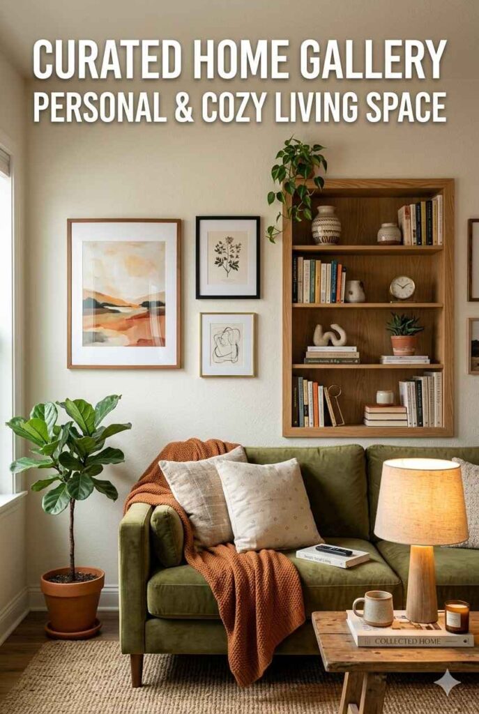 Living room wall decor with framed art, styled shelves, books, ceramics, plants, and cozy sofa.