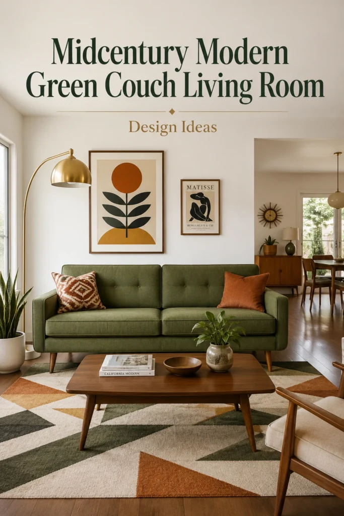 Midcentury modern green couch living room with walnut table, brass lamp, and geometric rug.