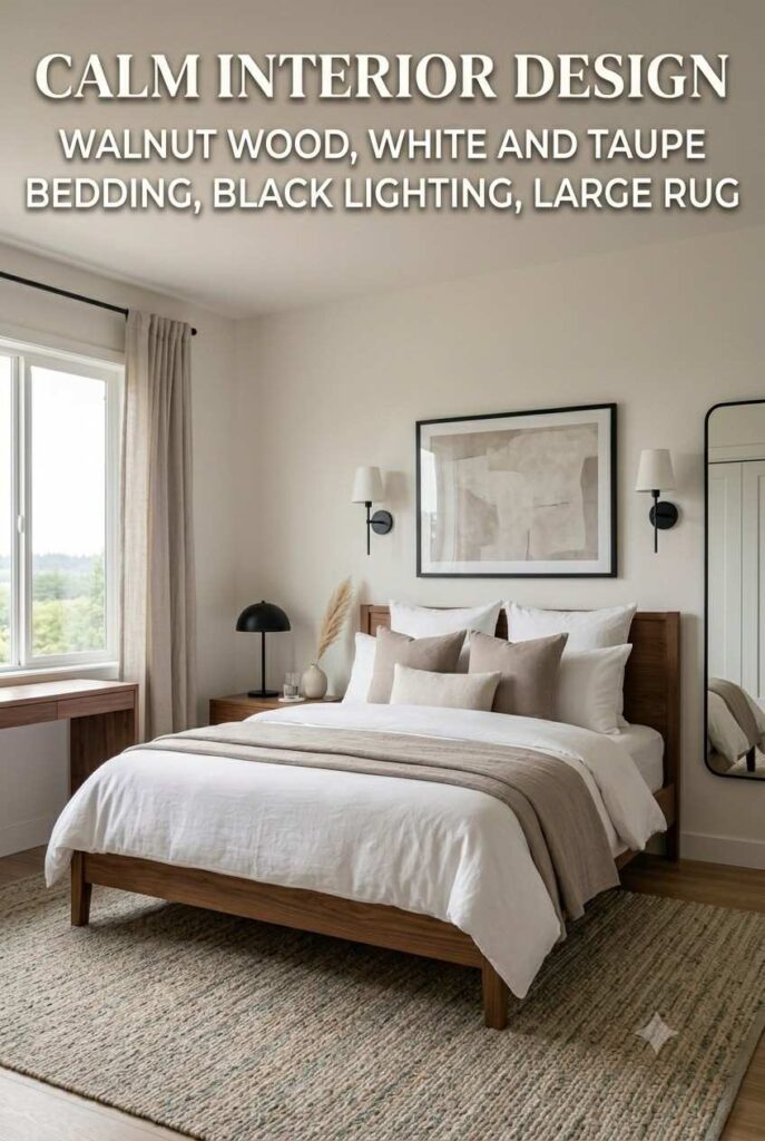 Modern bedroom inspiration with clean lines, walnut furniture, and neutral bedding