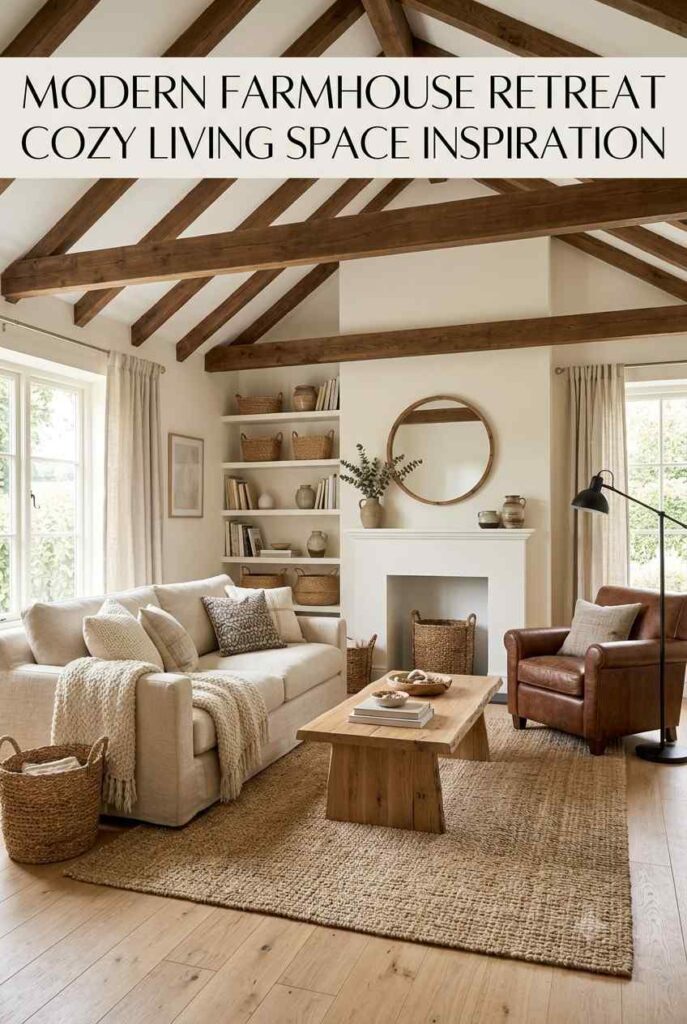 Modern farmhouse living room with slipcovered sofa and wood accents