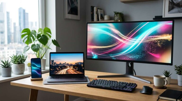 Moving wallpaper displayed on phone, laptop, and desktop screens