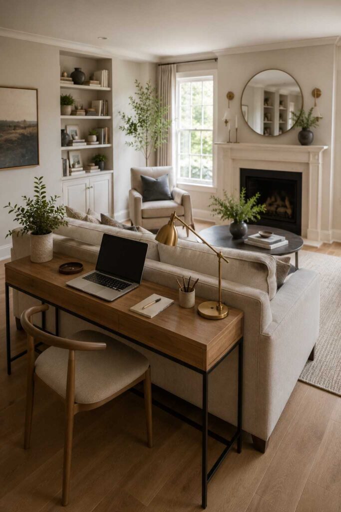 10+ Home Living Room Ideas: How to Design a Space You'll Actually Love Living In 6 "Living room with hidden home office desk behind the sofa"