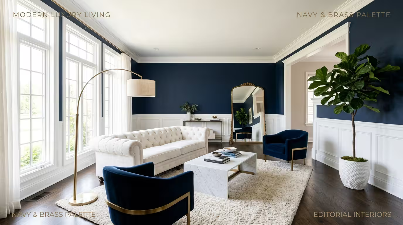 Navy blue shaker kitchen cabinets with white Carrara marble countertops and unlacquered brass hardware