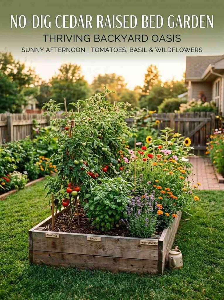 DIY cedar raised garden bed filled with tomatoes, basil, and flowers in a sunny backyard