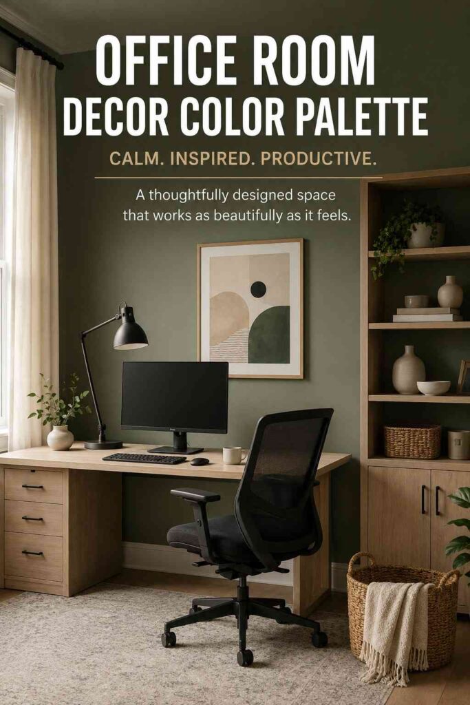 Office Room Decor: A Complete Guide to a Stylish, Comfortable Workspace 4 Calm office room decor with muted green walls, oak desk, cream curtains, and warm textures