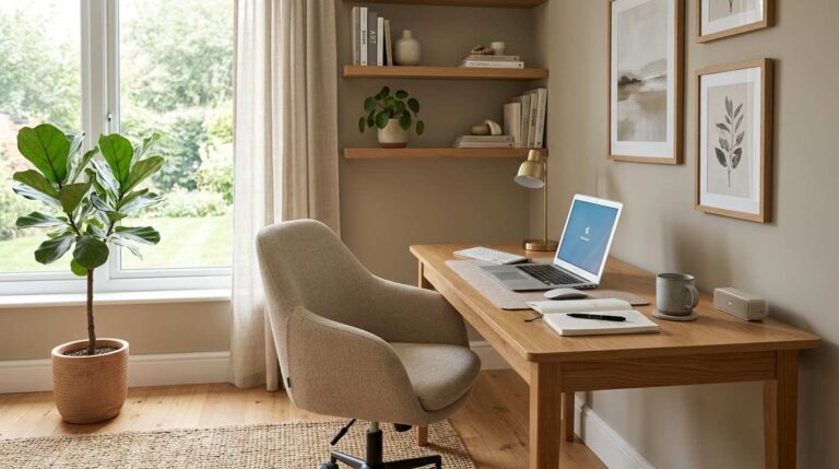 Modern office room decor with a wooden desk, soft lighting, wall art, and organized shelves