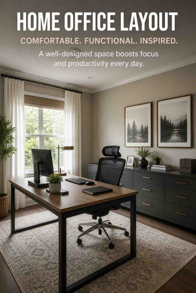 Office Room Decor: A Complete Guide to a Stylish, Comfortable Workspace 2 Office room layout with desk near a window, storage cabinet, rug, and comfortable chair