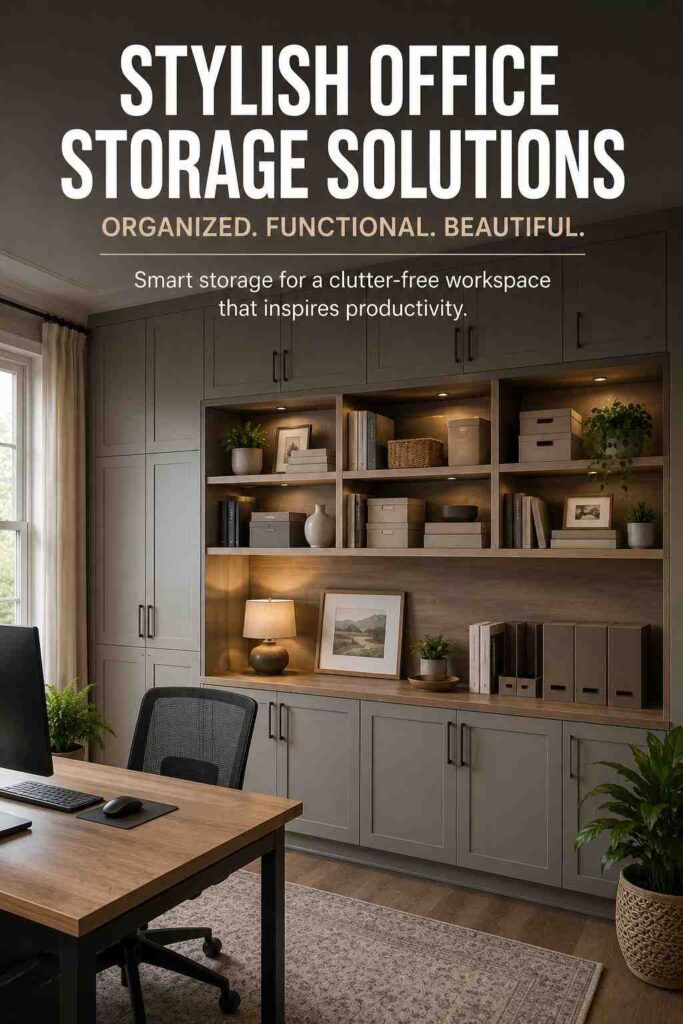 Office Room Decor: A Complete Guide to a Stylish, Comfortable Workspace 5 Office storage ideas with closed cabinets, open shelves, books, plants, and organized boxes