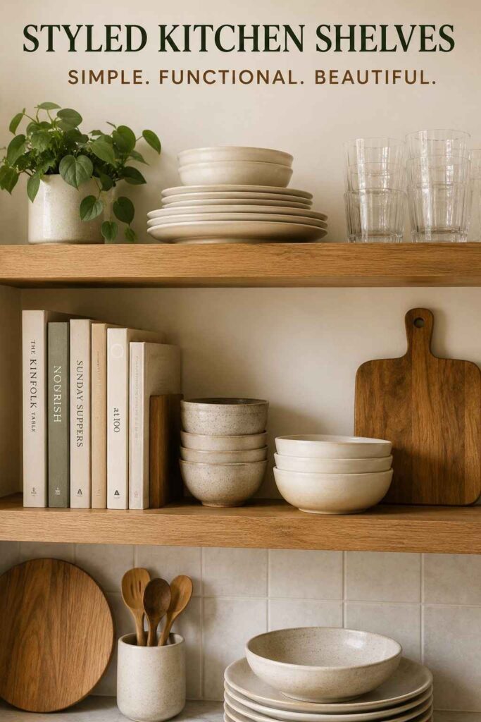 Kitchen Decor Ideas That Make Your Space Warmer, Smarter, and Easier to Love 5 Open kitchen shelves styled with plates, glassware, bowls, cookbooks, and a small plant