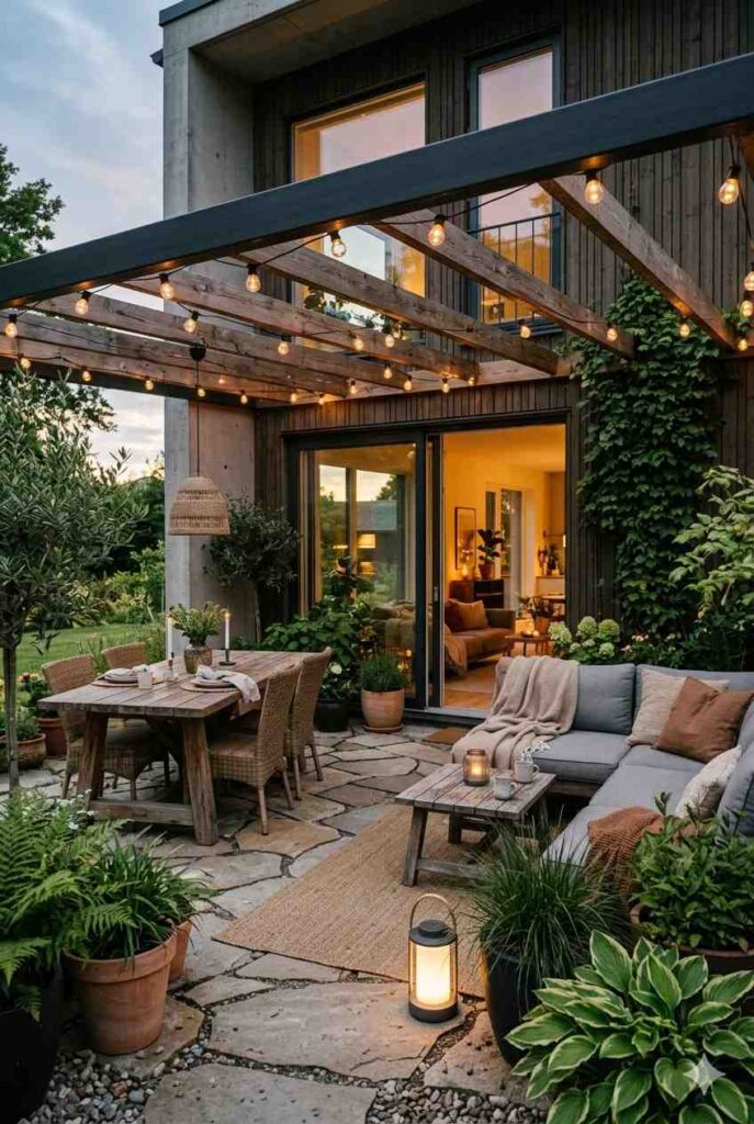 Dream Home Ideas: 27 Beautiful, Practical Ways to Design a Home You’ll Love 8 Outdoor living dream home patio with seating, dining area, plants, and warm lights
