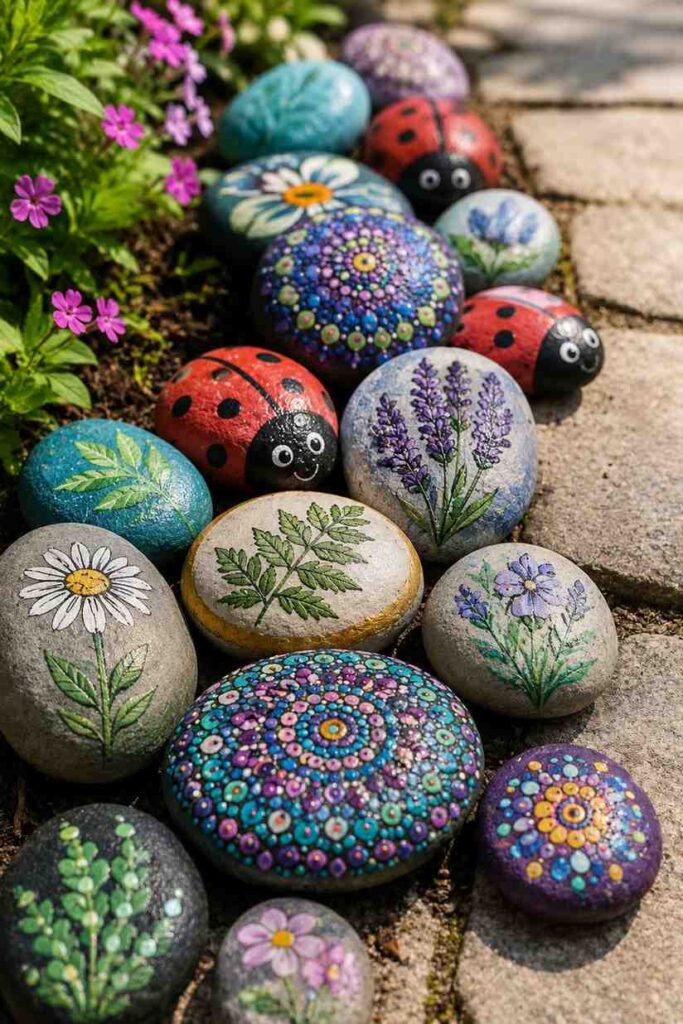 15+ ideas to Transform Your Outdoor Space with Stunning Garden Art DIY Projects 4 Painted rock garden art DIY arrangement along a pathway