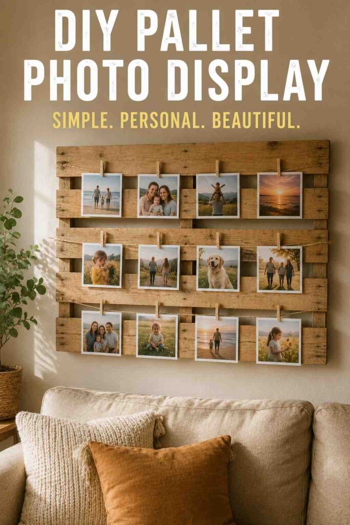 Pallet Photo Display: Rustic DIY Ideas, Safe Wood Tips, and Styling Guide 5 Pallet photo display used as rustic home wall decor in a cozy living room