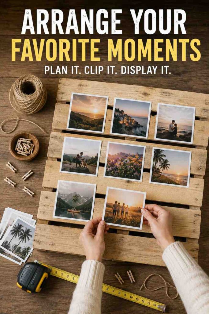 Pallet Photo Display: Rustic DIY Ideas, Safe Wood Tips, and Styling Guide 4 Planning a pallet photo display layout with printed photos arranged on wooden pallet boards