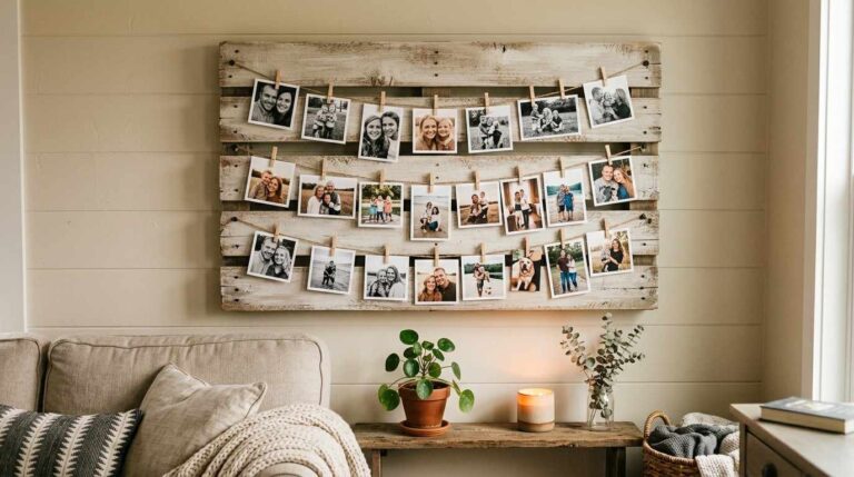 Rustic pallet photo display with family pictures, twine, clips, and warm home decor styling