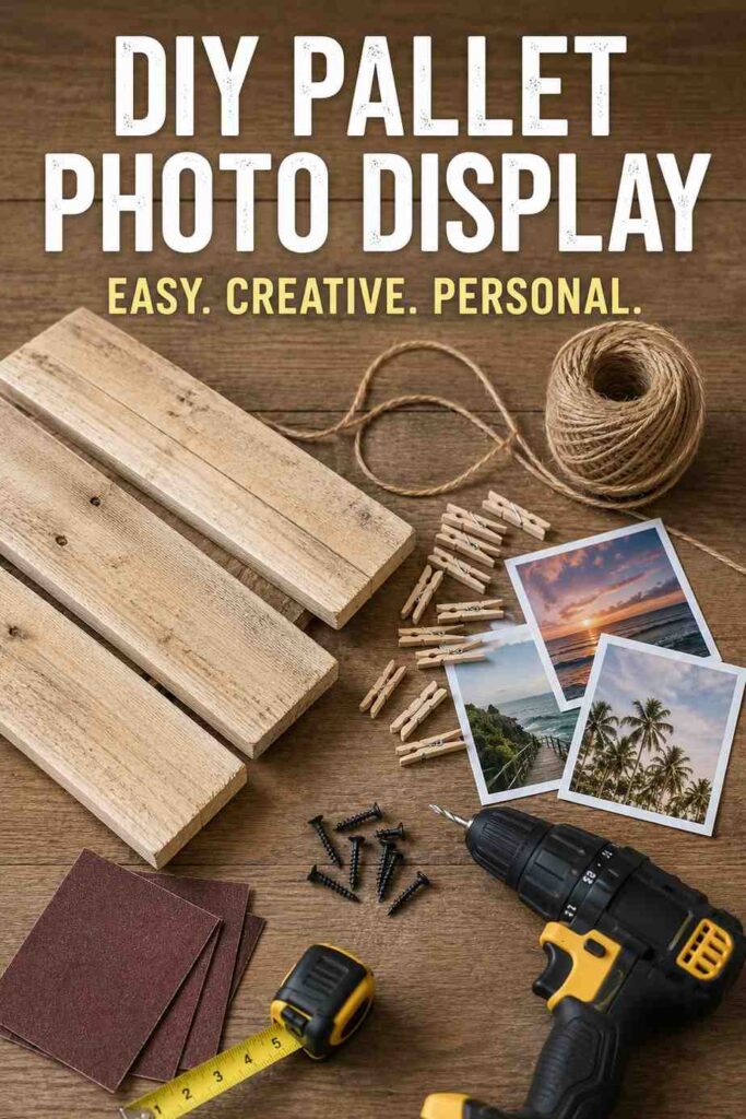 Pallet Photo Display: Rustic DIY Ideas, Safe Wood Tips, and Styling Guide 3 DIY tools and materials for making a pallet photo display with clips, twine, sandpaper, and printed photos