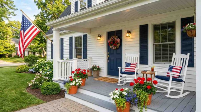 Patriotic porch with American flag, red flowers, blue pillows, and a welcoming summer entry