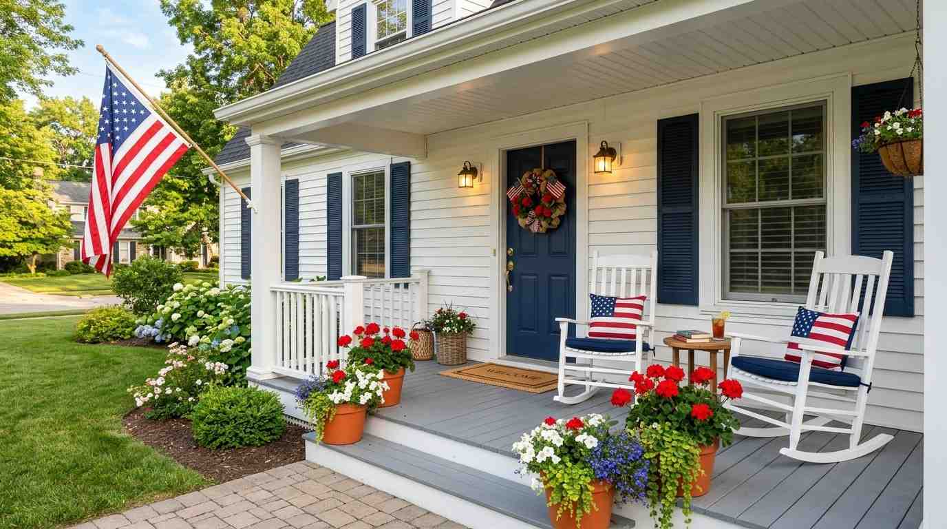 Patriotic porch with American flag, red flowers, blue pillows, and a welcoming summer entry