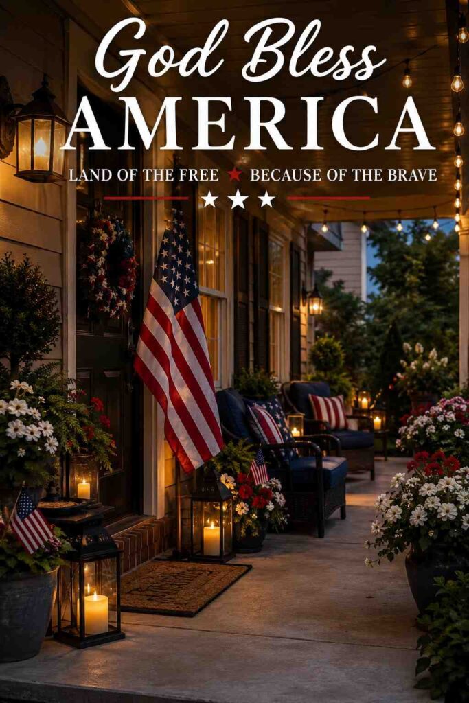 Patriotic Porch Ideas for a Warm, Welcoming American Entry 6 Patriotic porch with warm evening lighting and summer decor